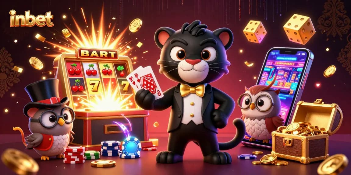Engage with inbet's exciting casino atmosphere featuring a panther dealer, owl, and lucky mouse amidst flying slot symbols.