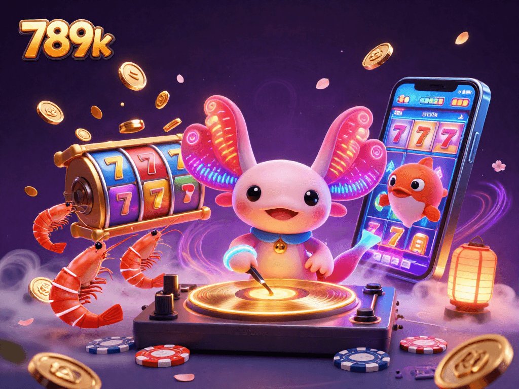 Engage with 789k's vibrant casino experience featuring a neon axolotl DJ and colorful slot games.