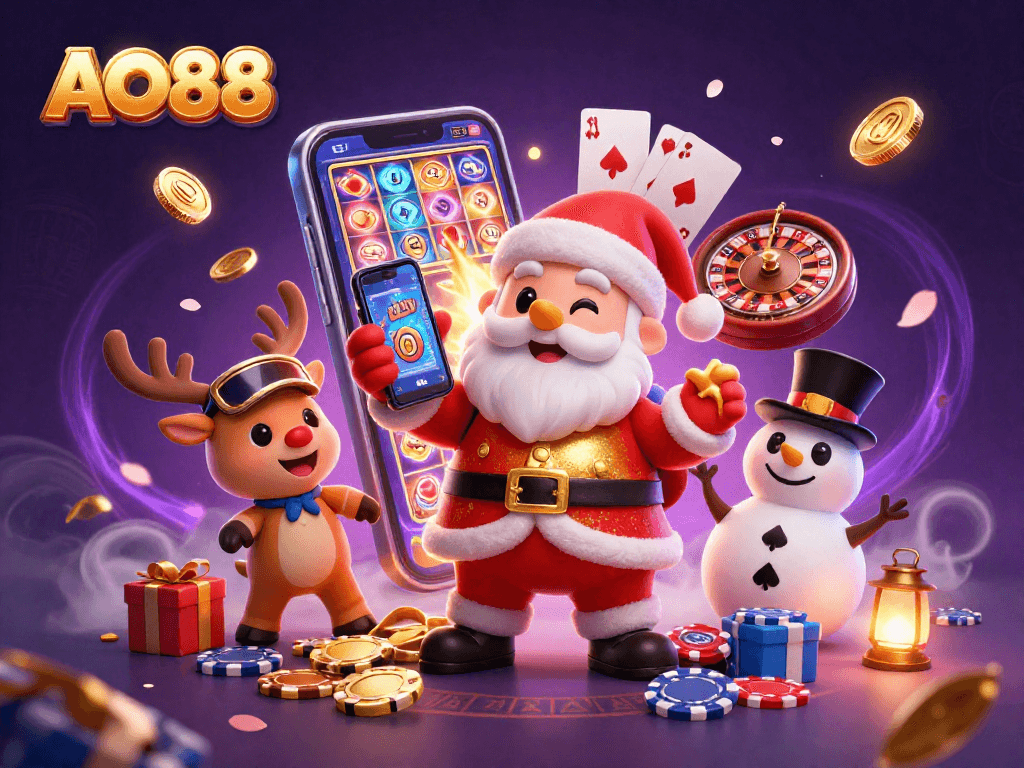 Win exciting bonuses with AO88 at the vibrant and dynamic casino illustration featuring Santa Claus and friends.