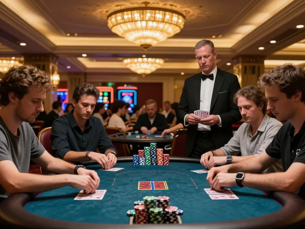 Engaging poker action at fabet1 showcasing players deep in strategy amidst vibrant casino setting.