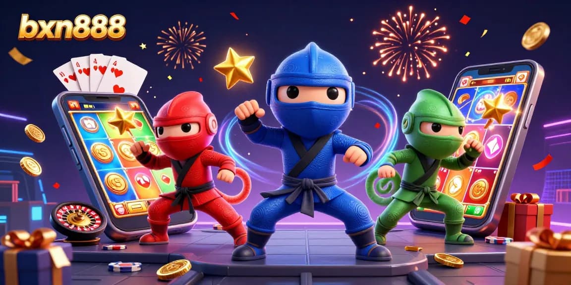 Experience thrilling action with bxn888's ninja chameleons celebrating wins among casino games and vibrant visuals