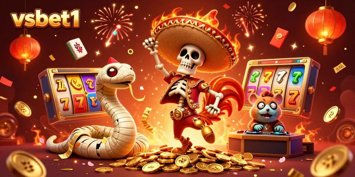 Engage with vsbet1's vibrant casino scene featuring a celebratory rooster on coins with gaming elements.