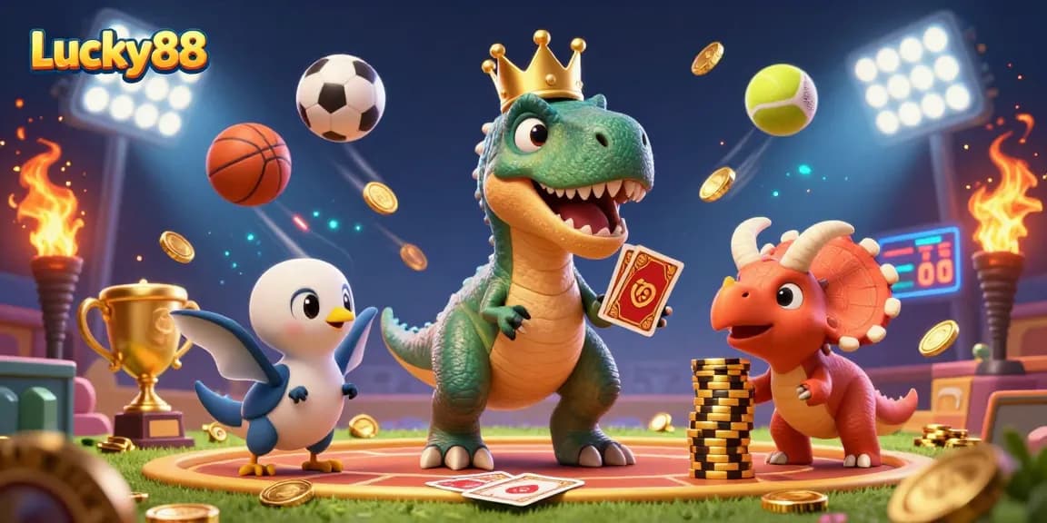 Experience the thrilling world of Lucky88 with a playful T-Rex shuffling cards surrounded by rich betting elements.