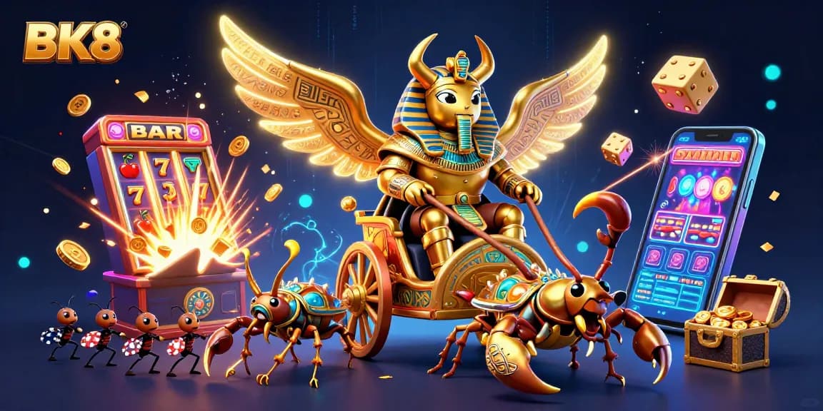 Spin the reels at BK8 with a golden scarab beetle and a jackpot bursting showcase.