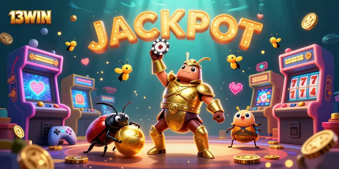 Engage with winning moments at 13WIN featuring a heroic beetle and casino elements.