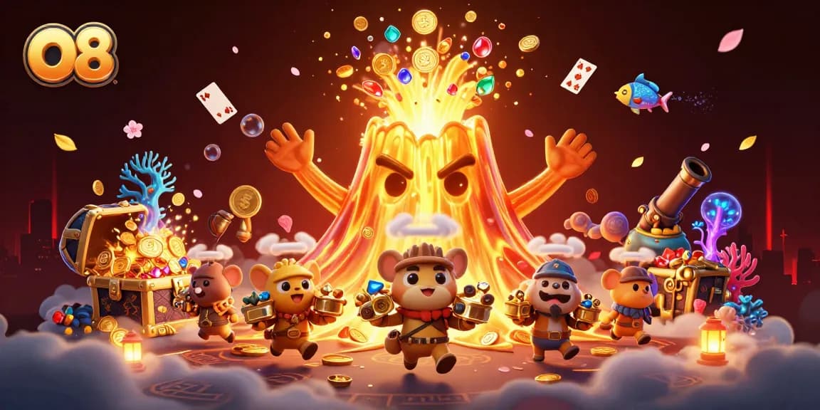 O8's vibrant scene showcasing a golden volcano erupting coins, treasures, and gaming elements creating excitement.