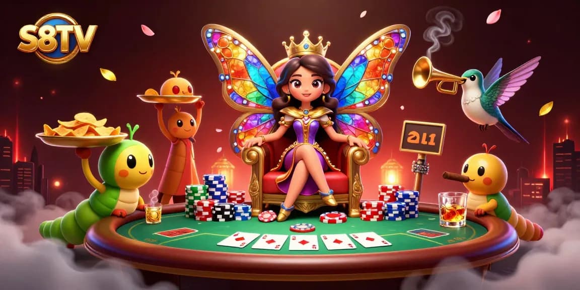 S8TV captivates gamblers with a vibrant, detailed illustration of entertaining gaming elements and characters.