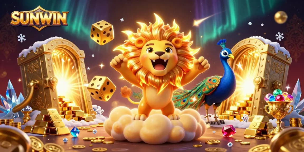 SUNWIN captivates as a triumphant sun lion roars amidst dazzling casino treasures and golden dice.