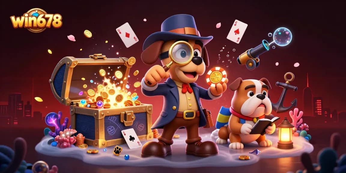Win678 players reveal golden poker chip clues among underwater treasures in this dynamic casino scene.