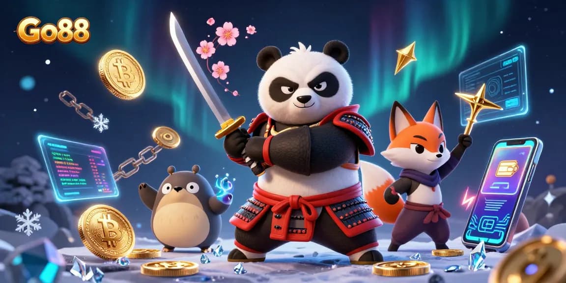 Engage with Go88's thrilling online gaming adventure in an action-packed illustration showcasing vibrant characters and casino elements.