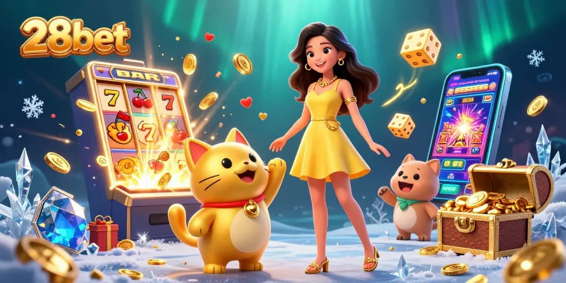 Experience thrilling wins at 28bet with vibrant slot games, golden coins, and cheerful interactions.