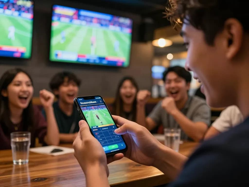 Excitedly placing a bet on แทงบอล in a lively sports betting setting