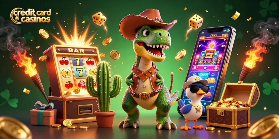 Experience credit card casinos with a vibrant 3D scene featuring a T-Rex, cactus, and roadrunner enjoying slots and jackpots.