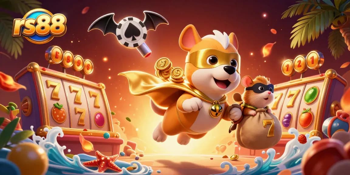 Experience excitement with the superhero dog and hamster at rs88, alongside vibrant slot game elements.