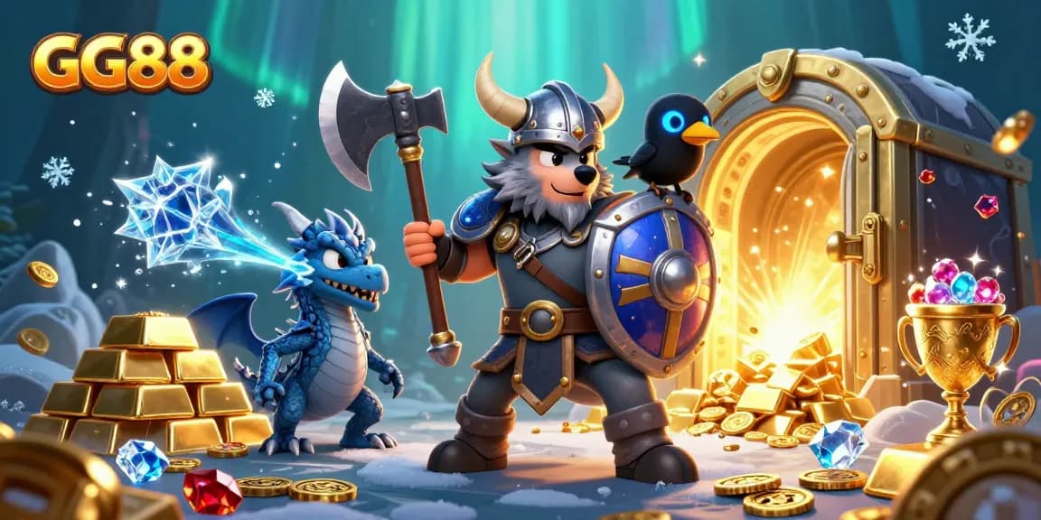 Engage with GG88's immersive fantasy casino adventure featuring a Viking wolf warrior, dragon, and treasure.
