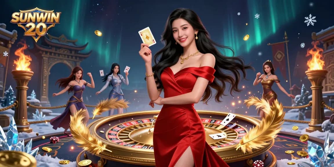 Engage in thrilling gaming with SUNWIN 20, showcasing a confident dealer beside a golden roulette wheel.