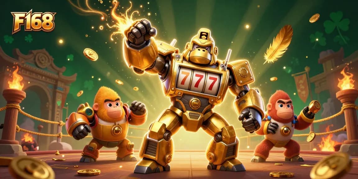 Play and win at F168 with a dynamic scene of a golden gorilla mech and engaging casino elements.