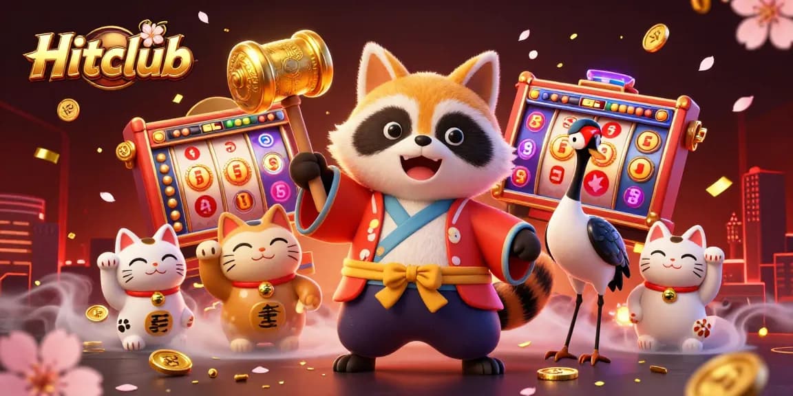 Hitclub features vibrant slot reels and lucky symbols in a dynamic casino scene with cheerful characters.