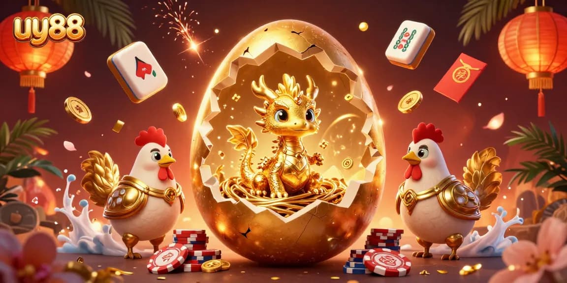 Enhance your gaming experience with uy88's golden dragon and poker chips illustration.