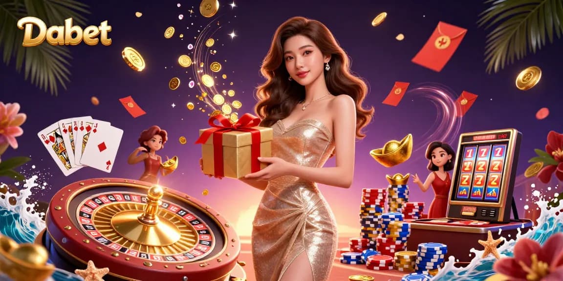 Experience the excitement of Dabet's vibrant casino scene with gold coins and festive decor.