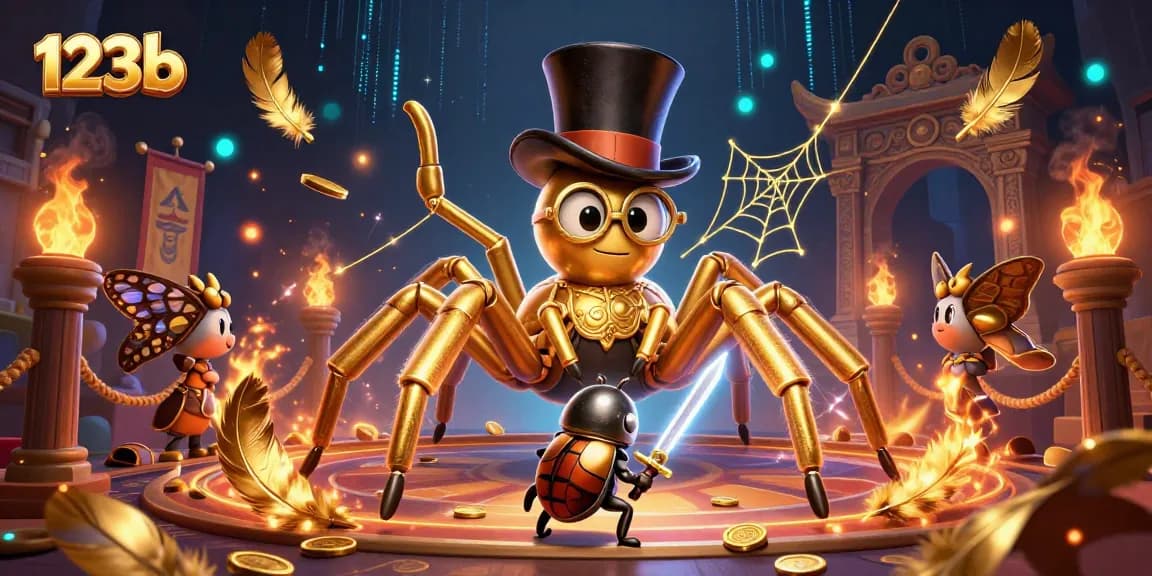 Engage in thrilling gameplay at 123b, featuring a giant golden tarantula weaving a web among casino elements.
