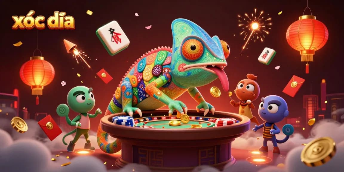 Xóc đĩa scene featuring a colorful chameleon casino owner surrounded by mahjong tiles and festive decorations.