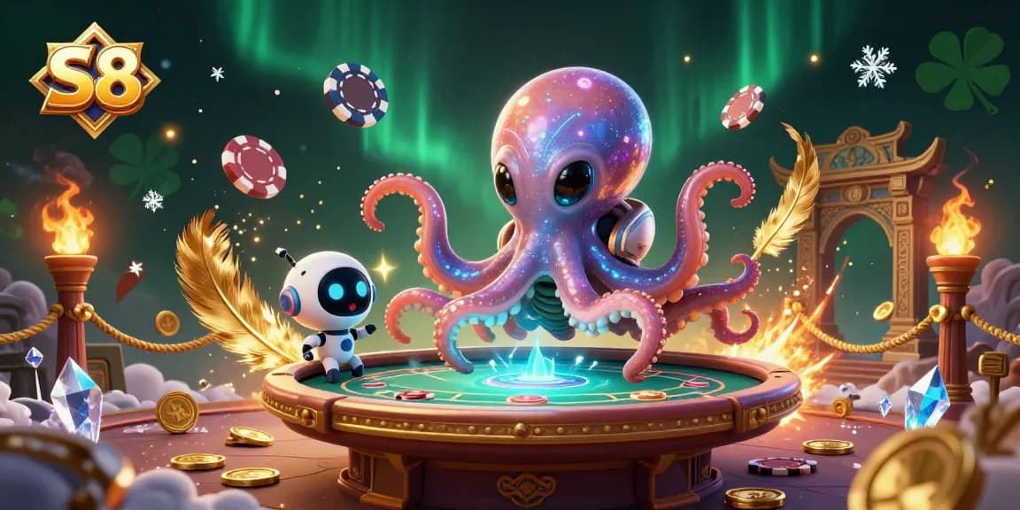 S8 showcases an alien octopus at a holographic poker table, surrounded by gaming elements in a cosmic casino.
