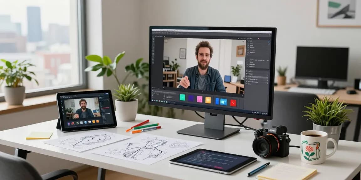 Analyzing video to prompt conversion in a creative workspace with digital tools and artistic elements.