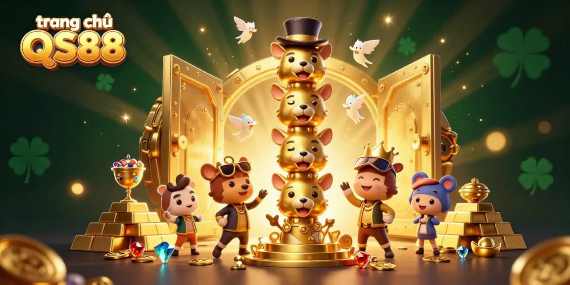 Experience the vibrancy of trang chủ QS88 with a lively illustration showcasing golden casino elements and a dynamic totem character.