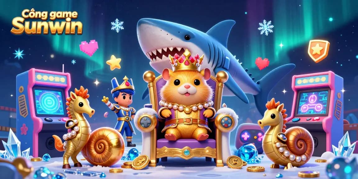 Experience the vibrant world of Cổng game Sunwin with a dynamic scene filled with gaming elements and royal characters.