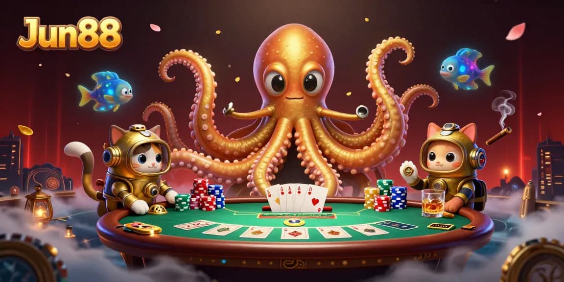 Experience thrilling gameplay at Jun88 featuring a colossal kraken and engaging poker scene.