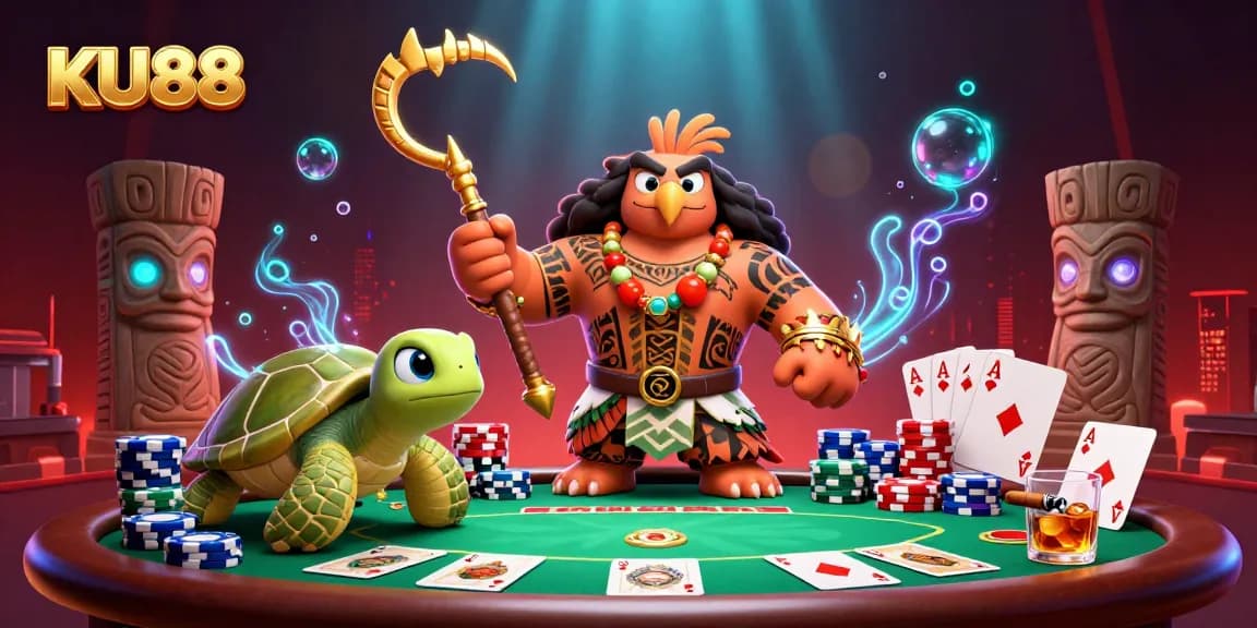 Win big at KU88 with the Polynesian demigod and turtle amid vibrant casino excitement.
