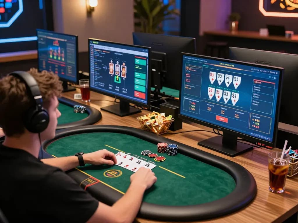 Player engaging in strategic poker gameplay with 58win displayed on multiple screens for an immersive online experience.