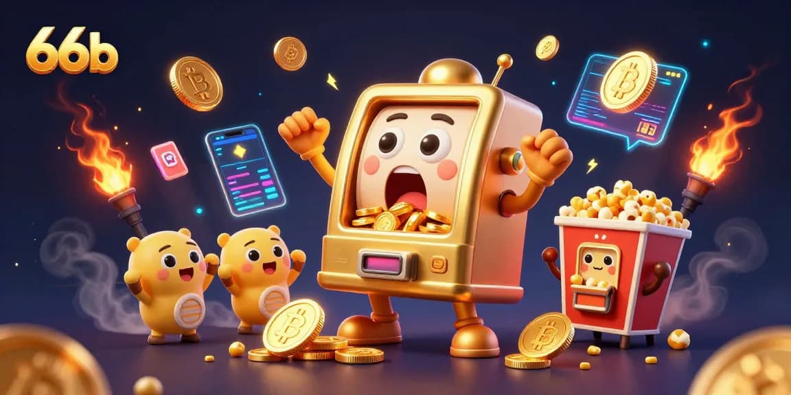 Engage with the thrilling jackpot experience at 66b while golden coins overflow from a jubilant slot machine.