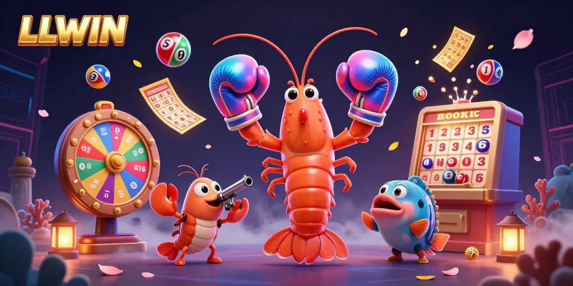 LLWIN showcases a dynamic 3D illustration of a mantis shrimp and friends amidst colorful lottery elements, capturing the excitement of gaming.