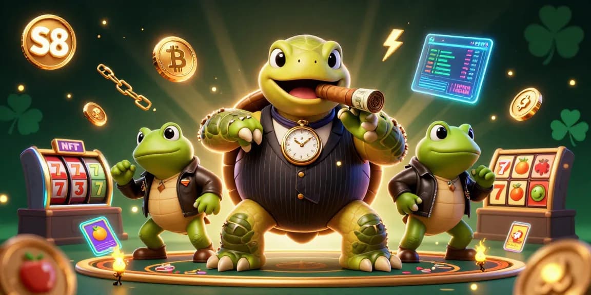 S8 brand illustrates vibrant casino scene with a turtle mobster and bullfrog enforcers, showcasing dynamic gaming elements.