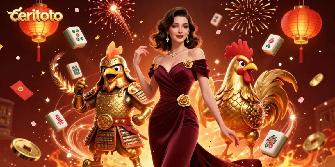 Ceritoto offers an engaging experience, showcasing a glamorous woman and a golden rooster warrior amidst dynamic gambling elements.