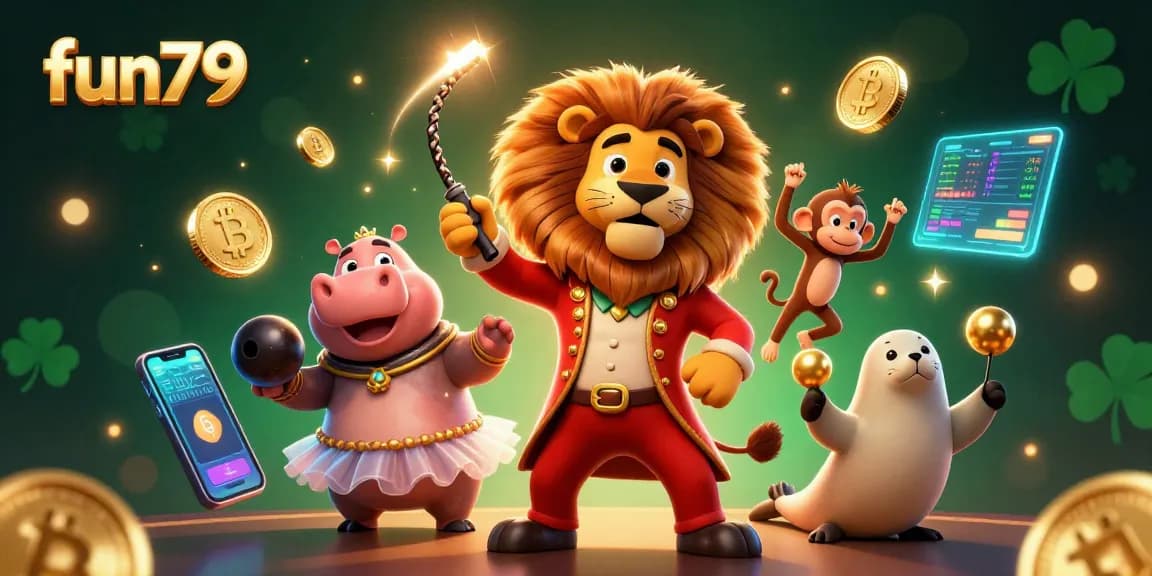 Engaging fun79 gaming experience with playful characters, Bitcoin, and Ethereum elements showcasing a vibrant online casino atmosphere.
