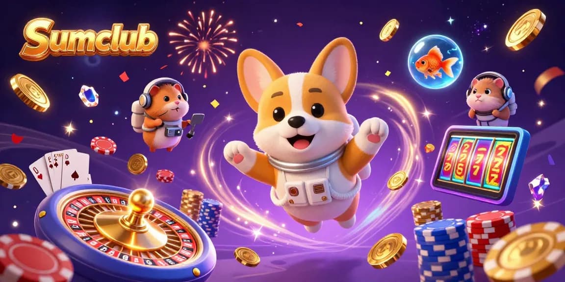Experience exhilarating gaming at Sumclub with vibrant visuals of floating coins and fun characters.