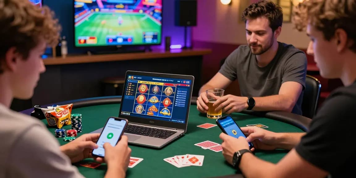 Players enjoying vibrant interactions at credit card casinos, showcasing online gaming excitement with diverse devices.