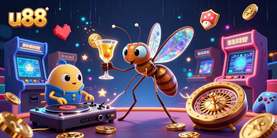 Engage in thrilling gameplay at u88 with a vibrant casino scene featuring animated characters and dynamic gaming elements.