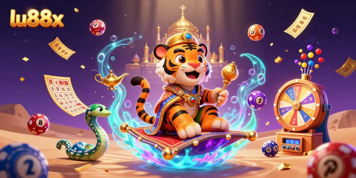 Experience thrilling casino adventures with lu88x as a sultan on a flying carpet surrounded by vibrant gaming elements.