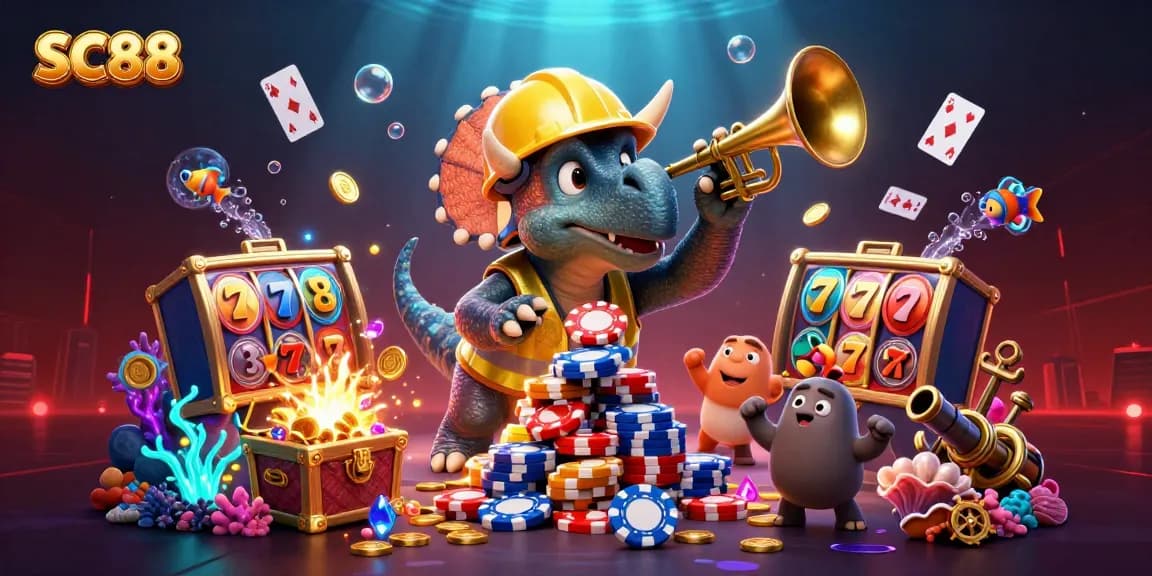 Engage in thrilling moments at SC88 with a vibrant 3D illustration featuring characters building poker chip pyramids amid casino elements.