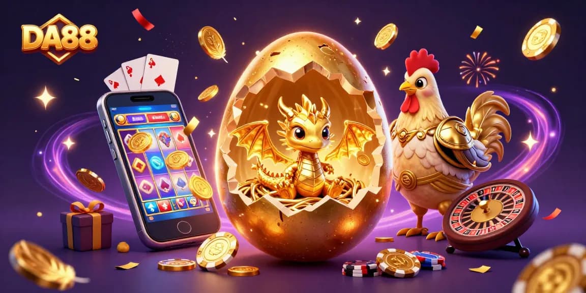 Experience DA88 magic as a golden dragon emerges from a cracking egg surrounded by poker chips and casino elements.