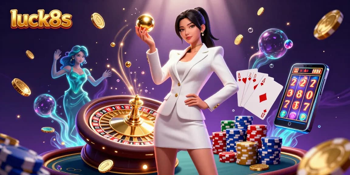 Experience thrilling casino action with luck8s, featuring an Asian woman holding a roulette ball amidst captivating gaming elements.