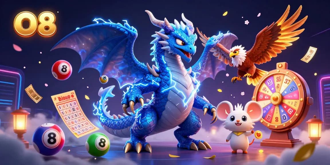 Experience the excitement of O8 as animated characters enhance your gaming journey with vibrant lottery elements.