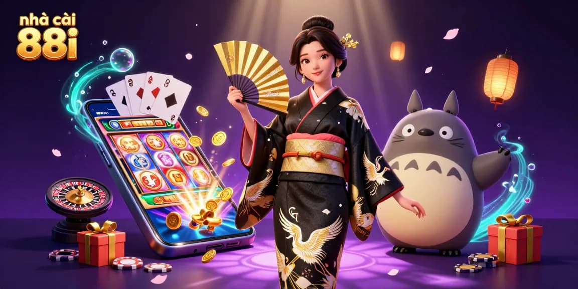 Play exciting games at nhà cái 88i, featuring vibrant scenes of slot games and casino entertainment.