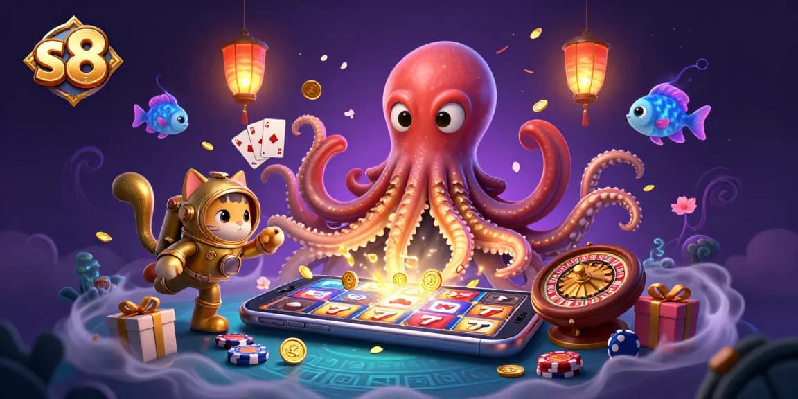 S8's immersive gaming environment featuring a kraken, vintage diving cat, and dynamic slot gameplay.