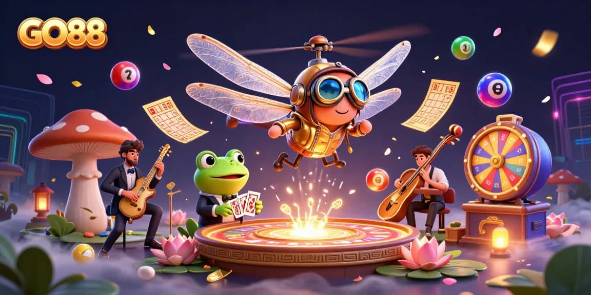 Experience the vibrant GO88 casino scene with a dragonfly pilot, frog croupier, and engaging games.