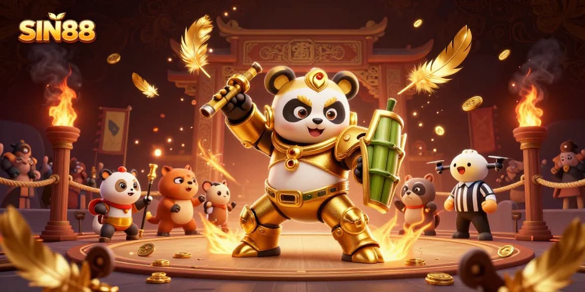Experience the thrill of SIN88 with a golden panda battling in a dynamic casino arena.
